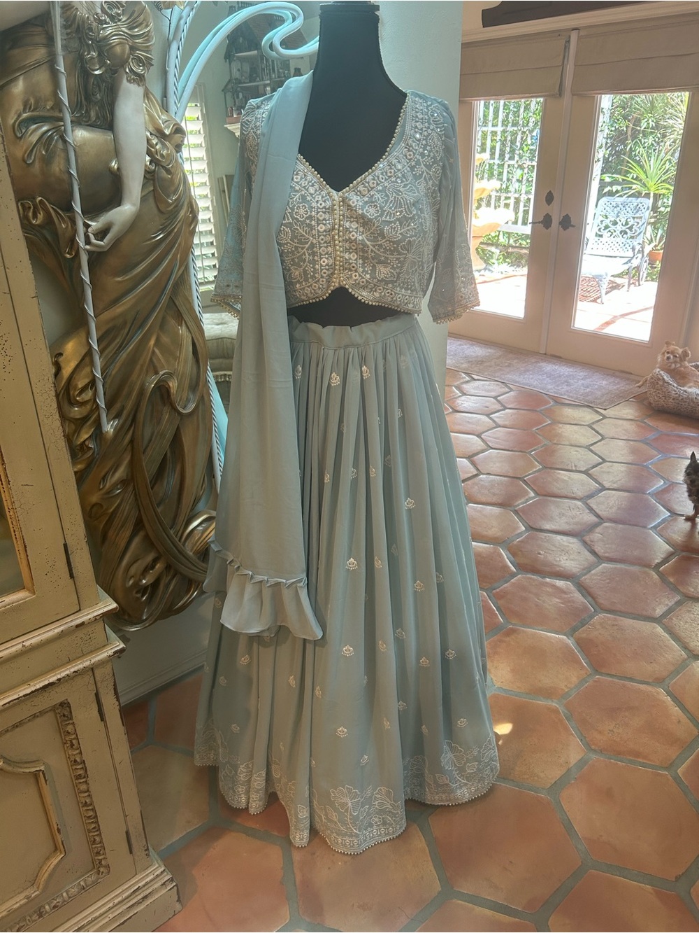 Embroidered Light Blue Maxi Lehenga Dress with Dupatta